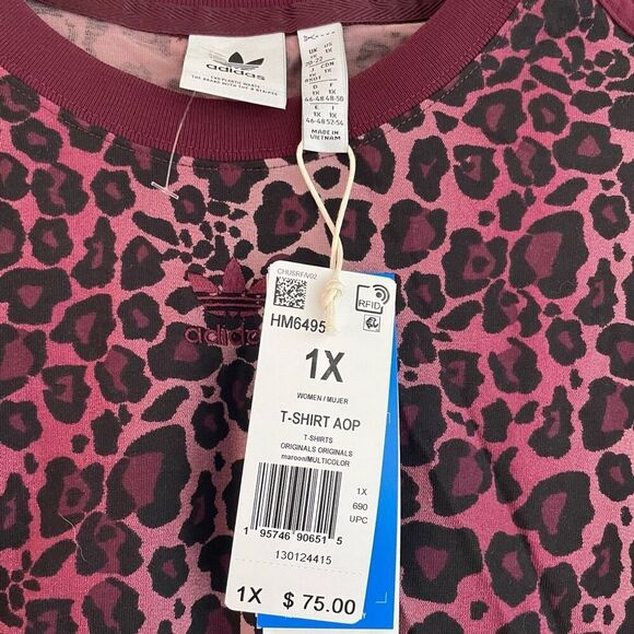 adidas Womens Allover Print T-Shirt 1X Burgundy Cheetah Print 3 Stripes Trefoil - Picture 6 of 8